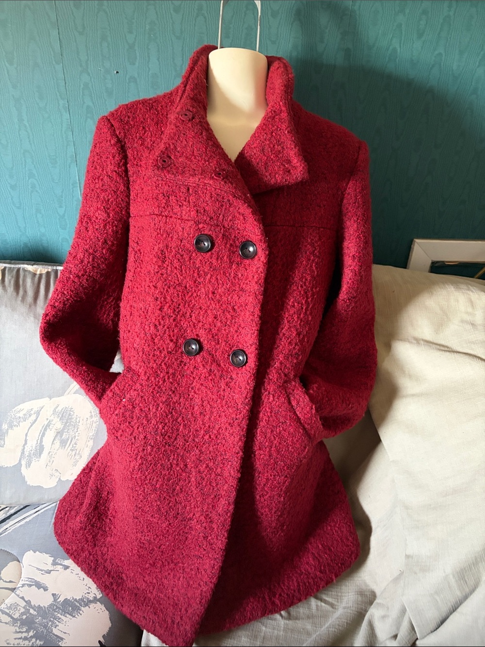 Only Women's Double-Breasted Red Pea Coat